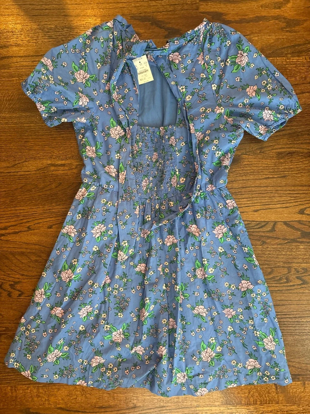 J. Crew Blue Floral poplin Dress with puff sleeve tie back 100% cotton